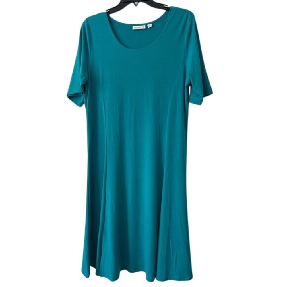 Susan Graver Liquid Knit Teal Blue Short Sleeve Princess Seam A-Line Dress‎ Med